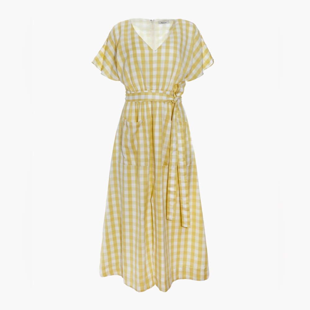 Madewell Petite Dolman-Sleeve Tie-Waist Midi Dress in Gingham Check